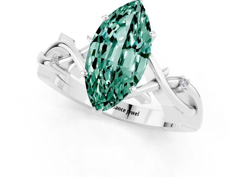 White gold Marquise Cut Green Sapphire Solitaire Ring with Twisted Band and Prong Setting_13