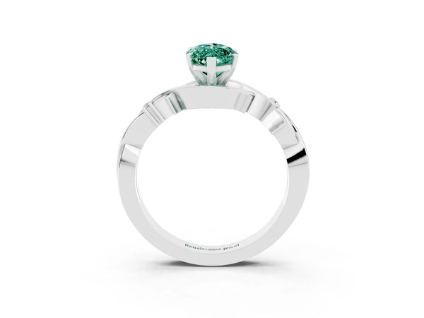 White gold Marquise Cut Green Sapphire Solitaire Ring with Twisted Band and Prong Setting