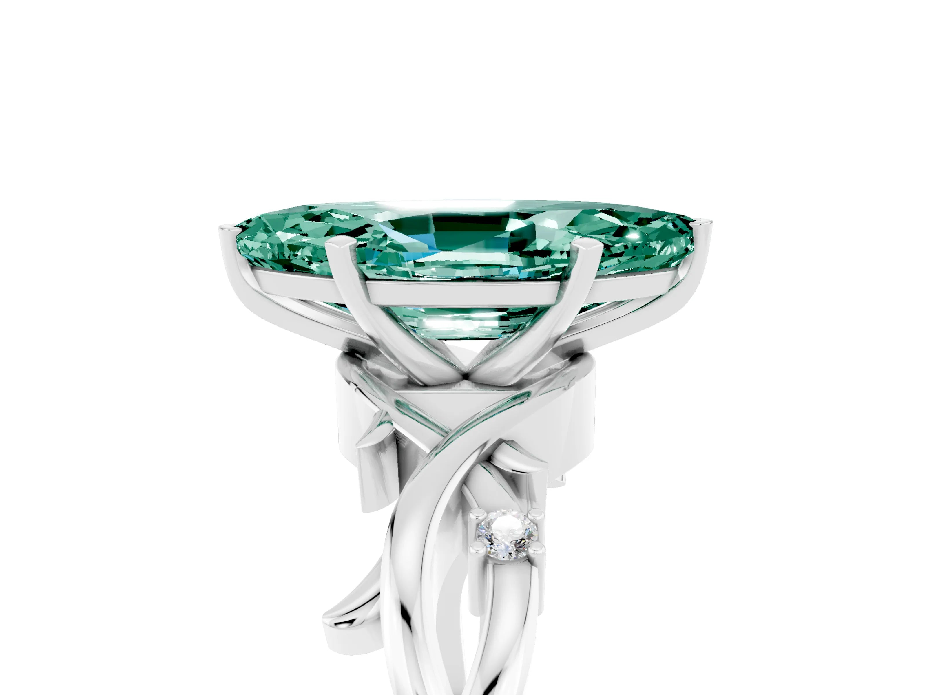 White gold Marquise Cut Green Sapphire Solitaire Ring with Twisted Band and Prong Setting_17