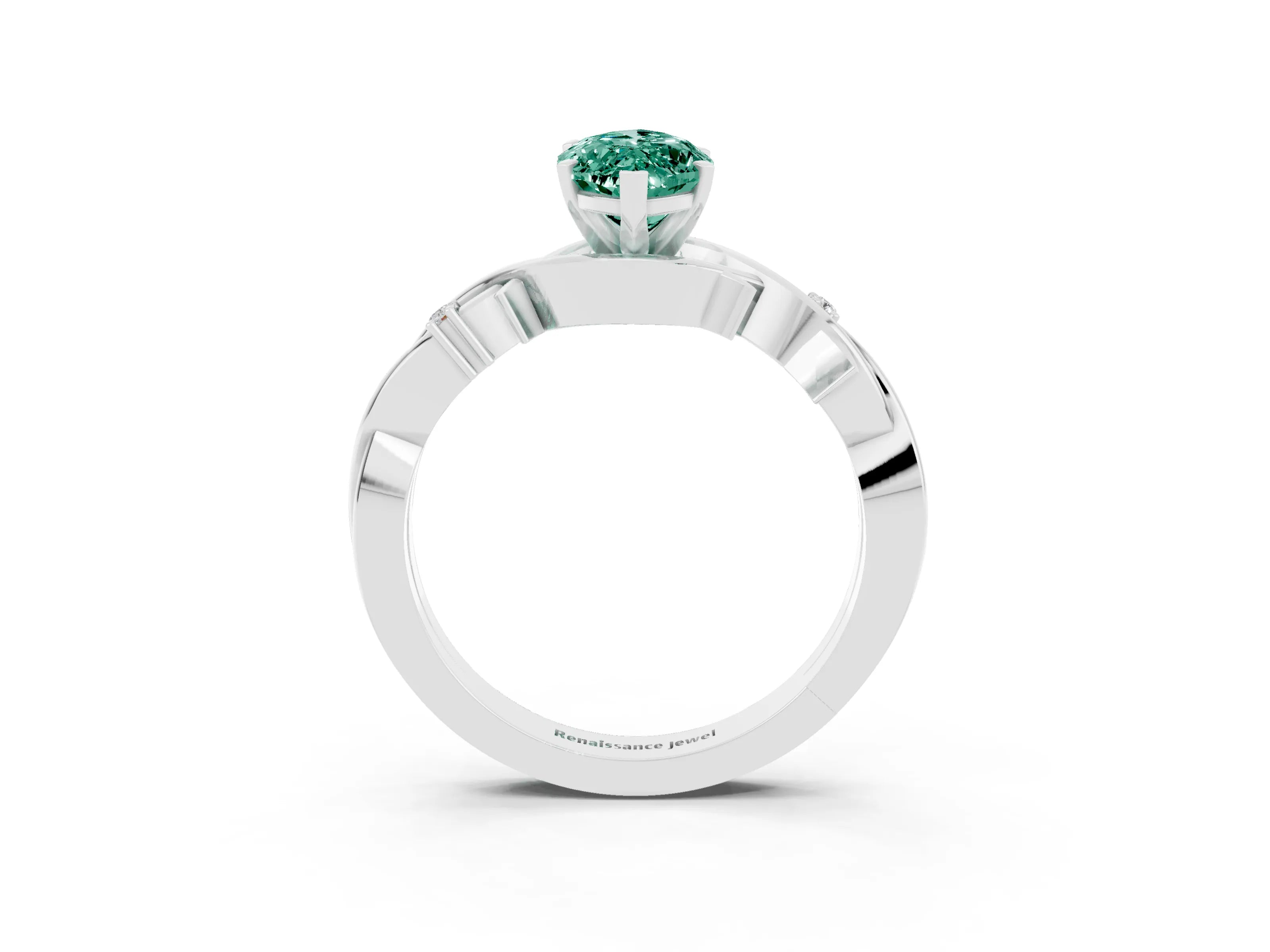 White gold Marquise Cut Green Sapphire Solitaire Ring with Twisted Band and Prong Setting_3