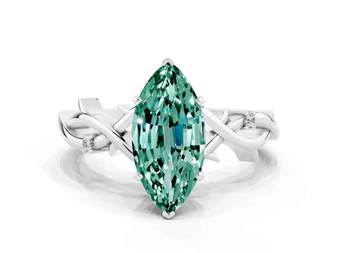 White gold Marquise Cut Green Sapphire Solitaire Ring with Twisted Band and Prong Setting