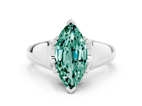 Platinum Marquise Cut Green Sapphire Solitaire Ring with Wide Band and Prong Setting