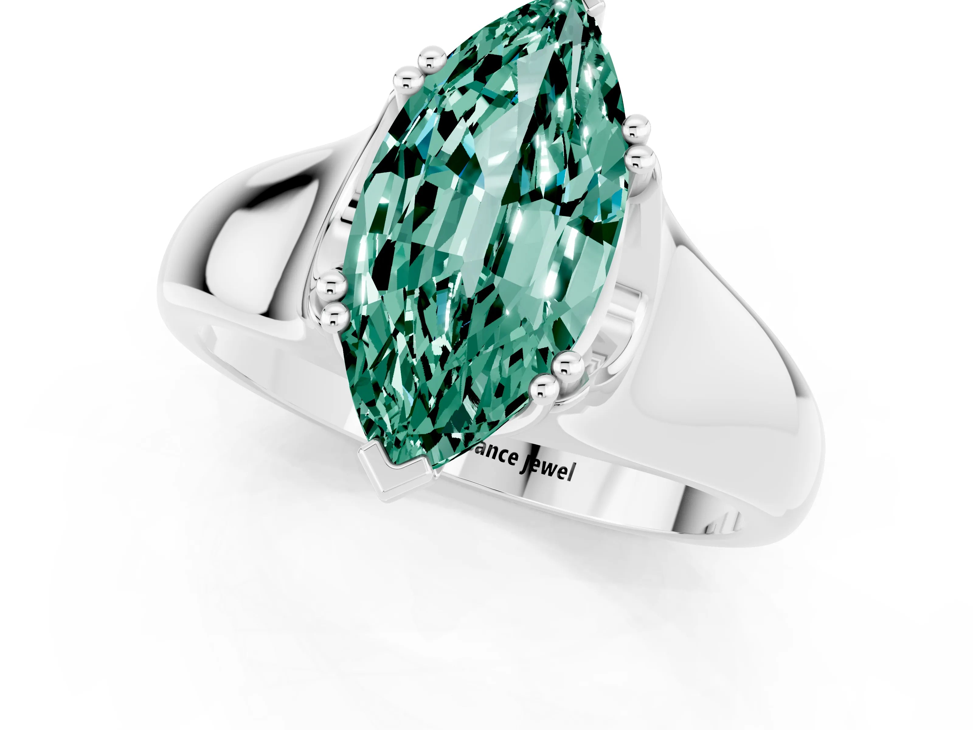 White gold Marquise Cut Green Sapphire Solitaire Ring with Wide Band and Prong Setting_1