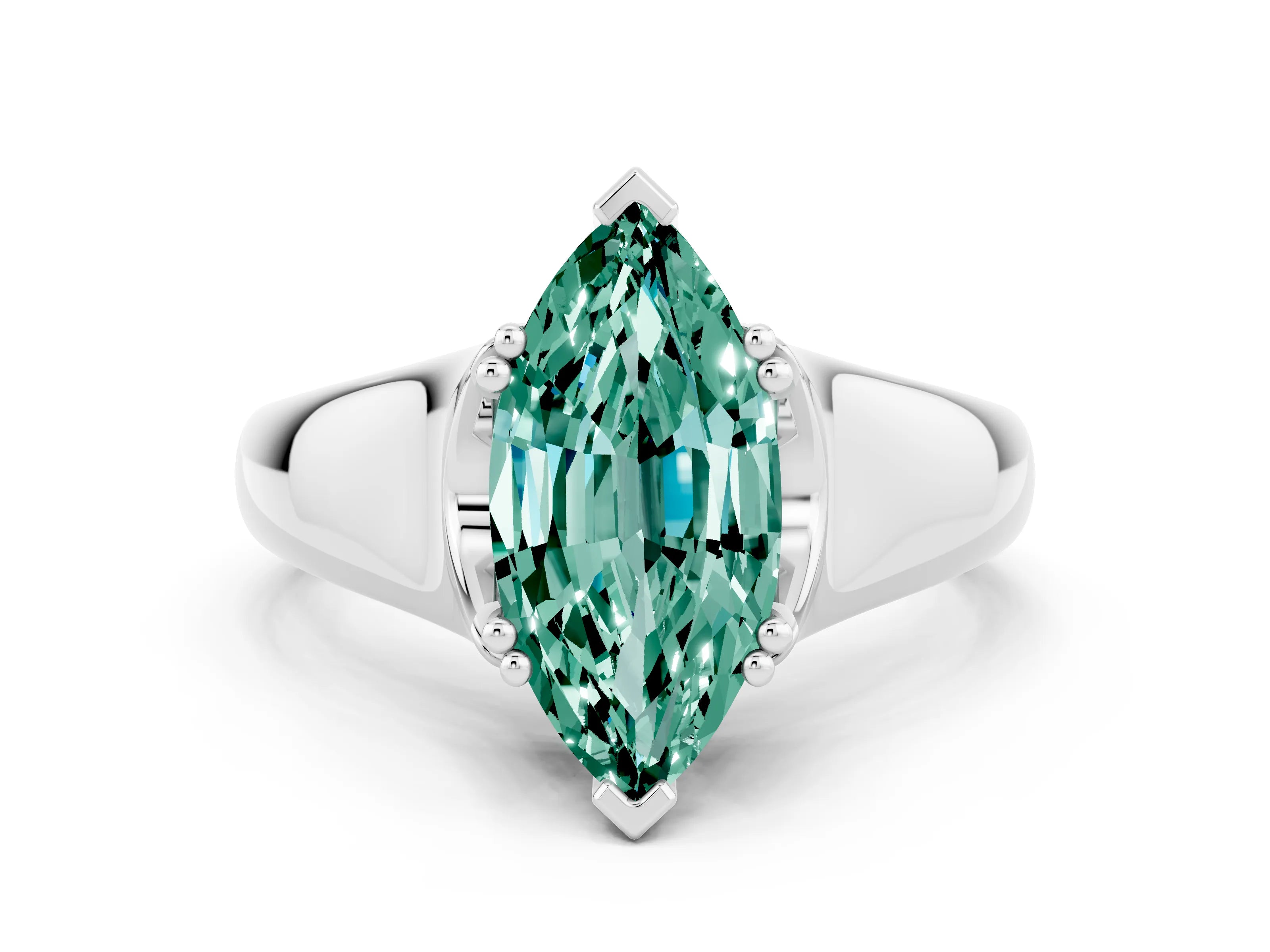 White gold Marquise Cut Green Sapphire Solitaire Ring with Wide Band and Prong Setting