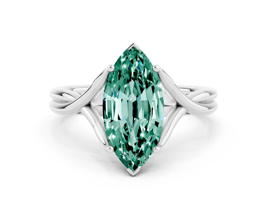 White gold Marquise Cut Green Sapphire Solitaire Twist Band Prong Setting Ring_48