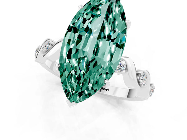 Silver Marquise Cut Green Sapphire Solitaire Twisted Band with Round  Accents and Prong Setting