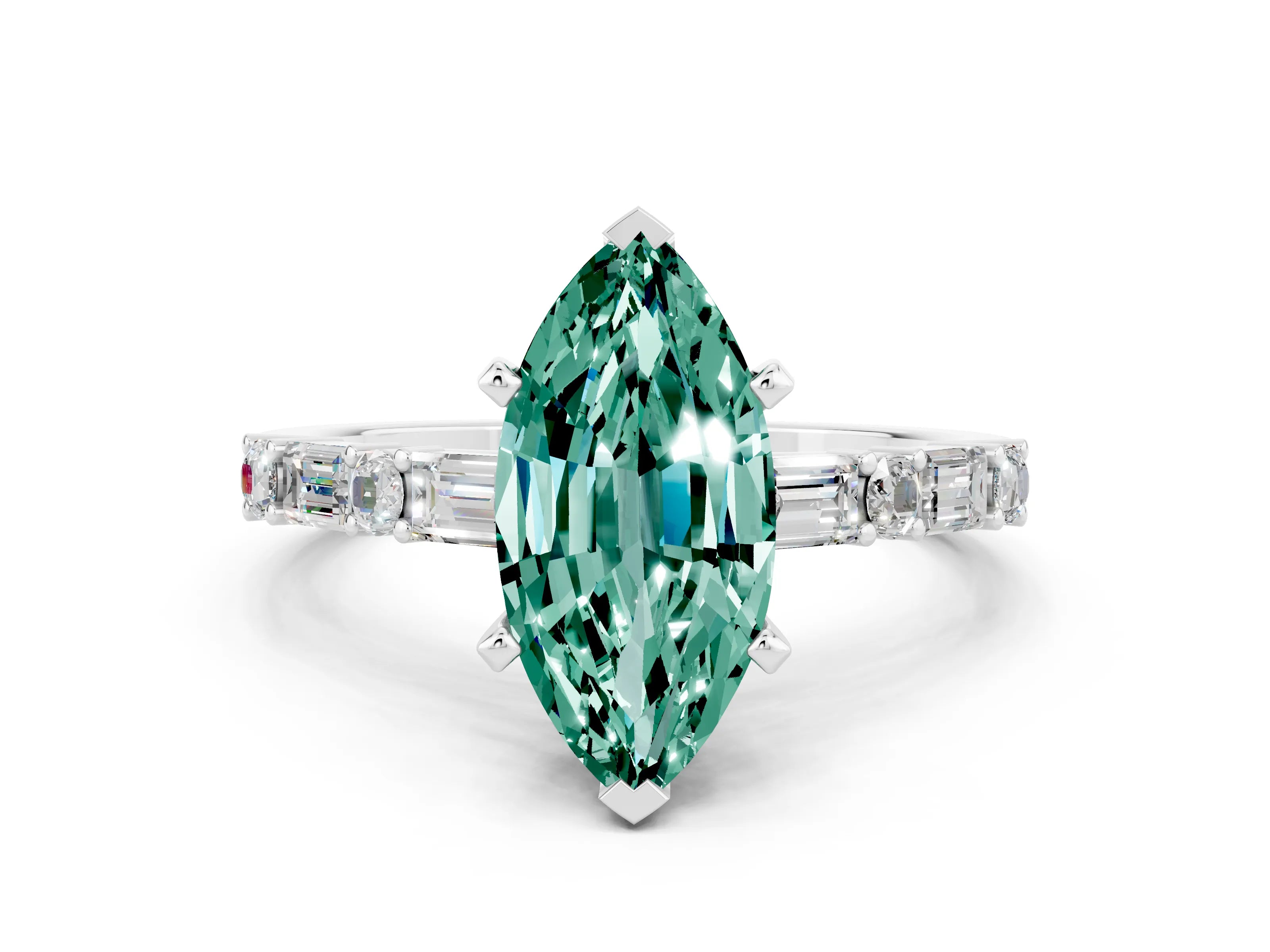 White gold Marquise Cut Green Sapphire Solitaire with Side Baguettes and Channel Set Band