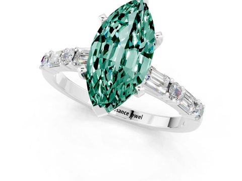 White gold Marquise Cut Green Sapphire Solitaire with Side Baguettes and Channel Set Band_1