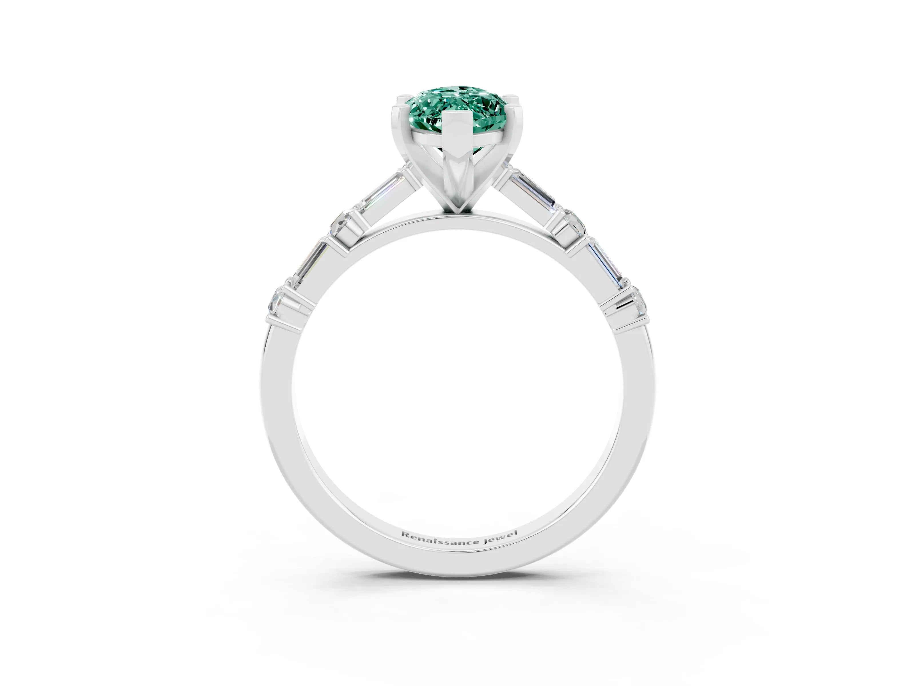 White gold Marquise Cut Green Sapphire Solitaire with Side Baguettes and Channel Set Band_3
