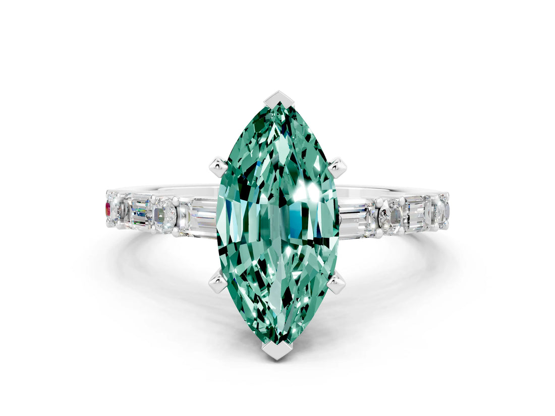 White gold Marquise Cut Green Sapphire Solitaire with Side Baguettes and Channel Set Band