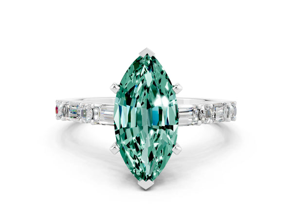 Silver Marquise Cut Green Sapphire Solitaire with Side Baguettes and Channel Set Band