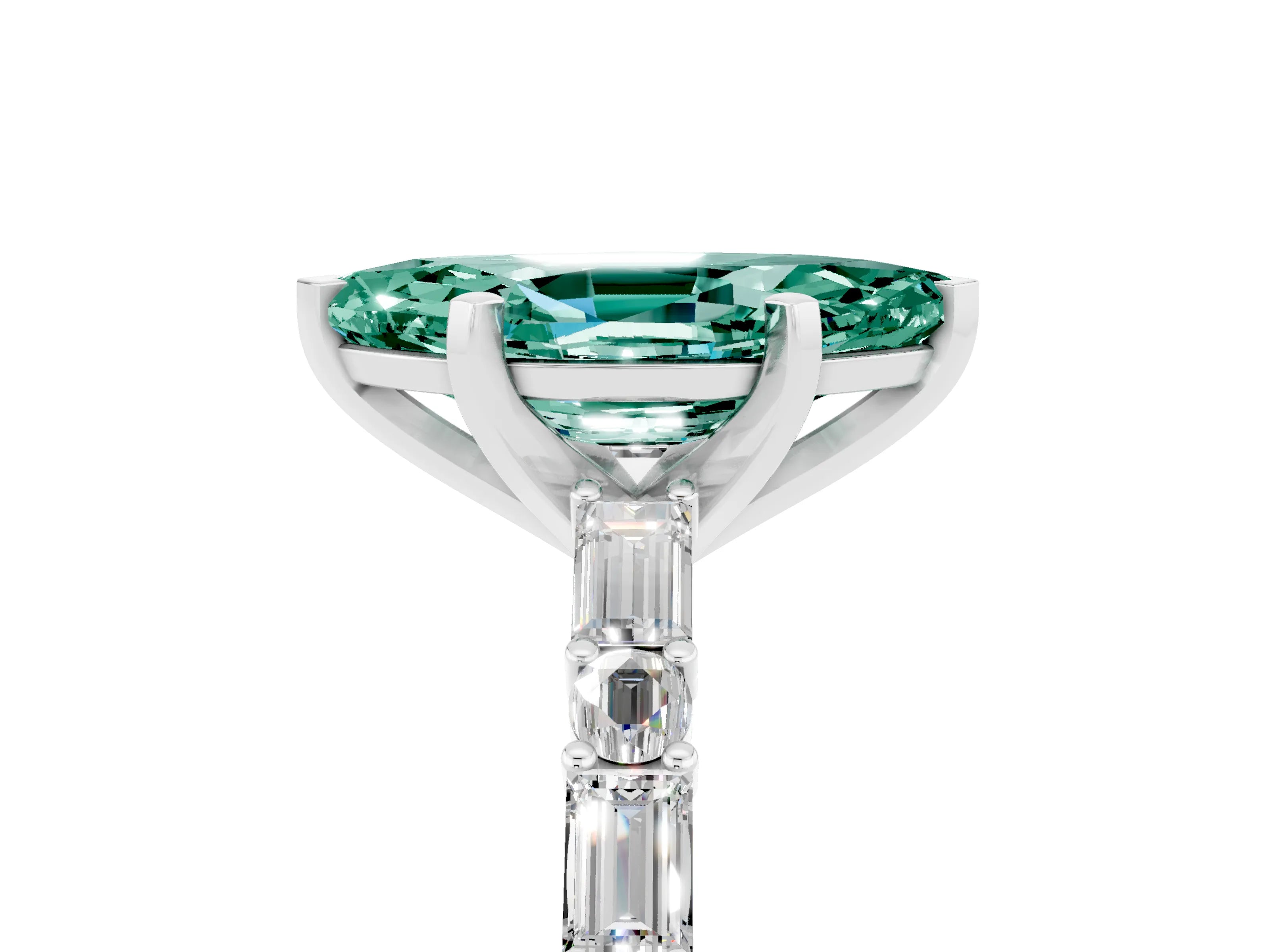 White gold Marquise Cut Green Sapphire Solitaire with Side Baguettes and Channel Set Band_5