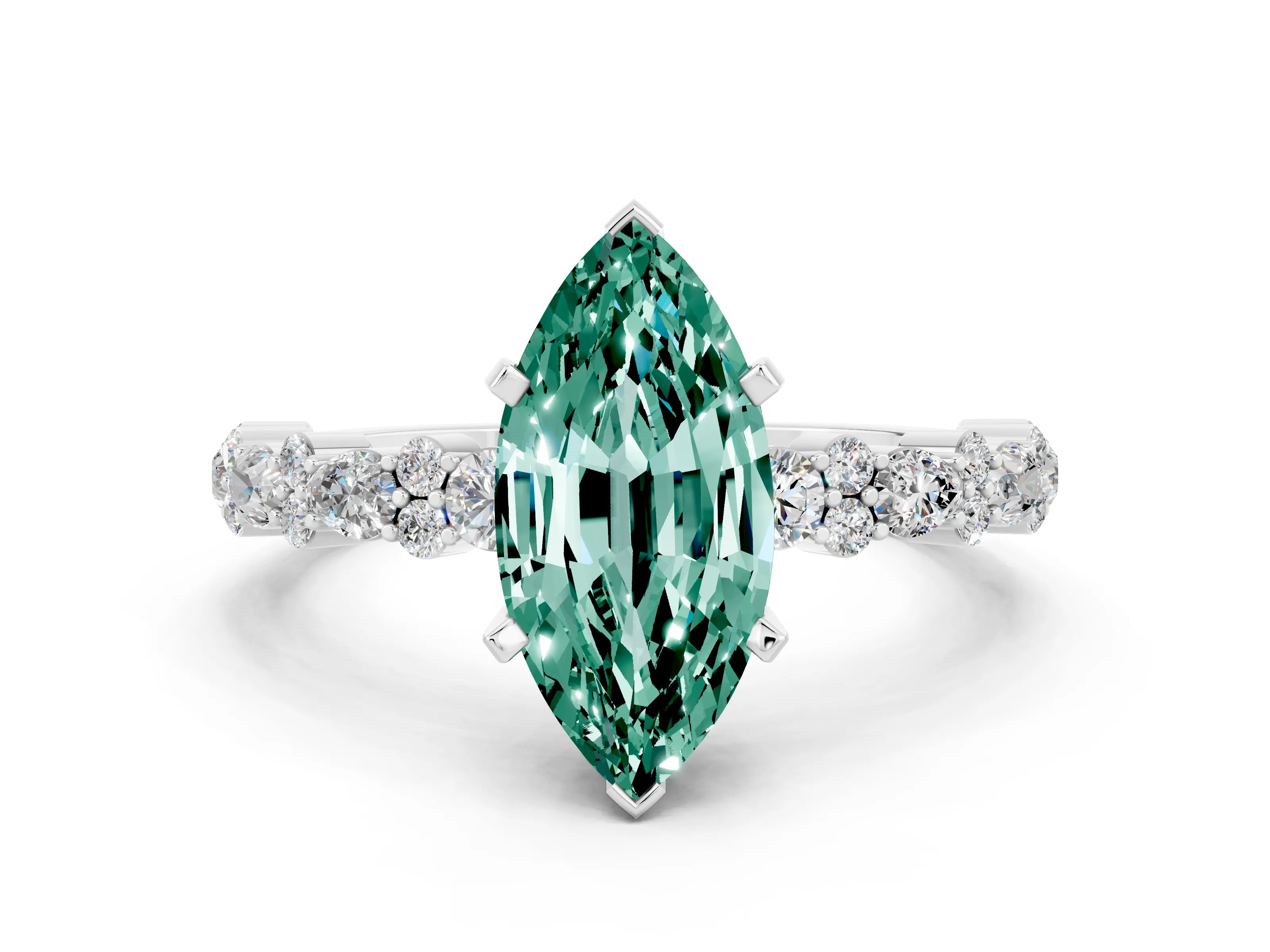 White gold Marquise Cut Green Sapphire Solitaire with Side Stones, Pave Band, Four-Prong Setting_12