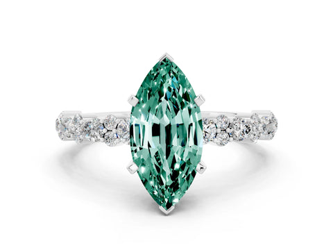 White gold Marquise Cut Green Sapphire Solitaire with Side Stones, Pave Band, Four-Prong Setting_12