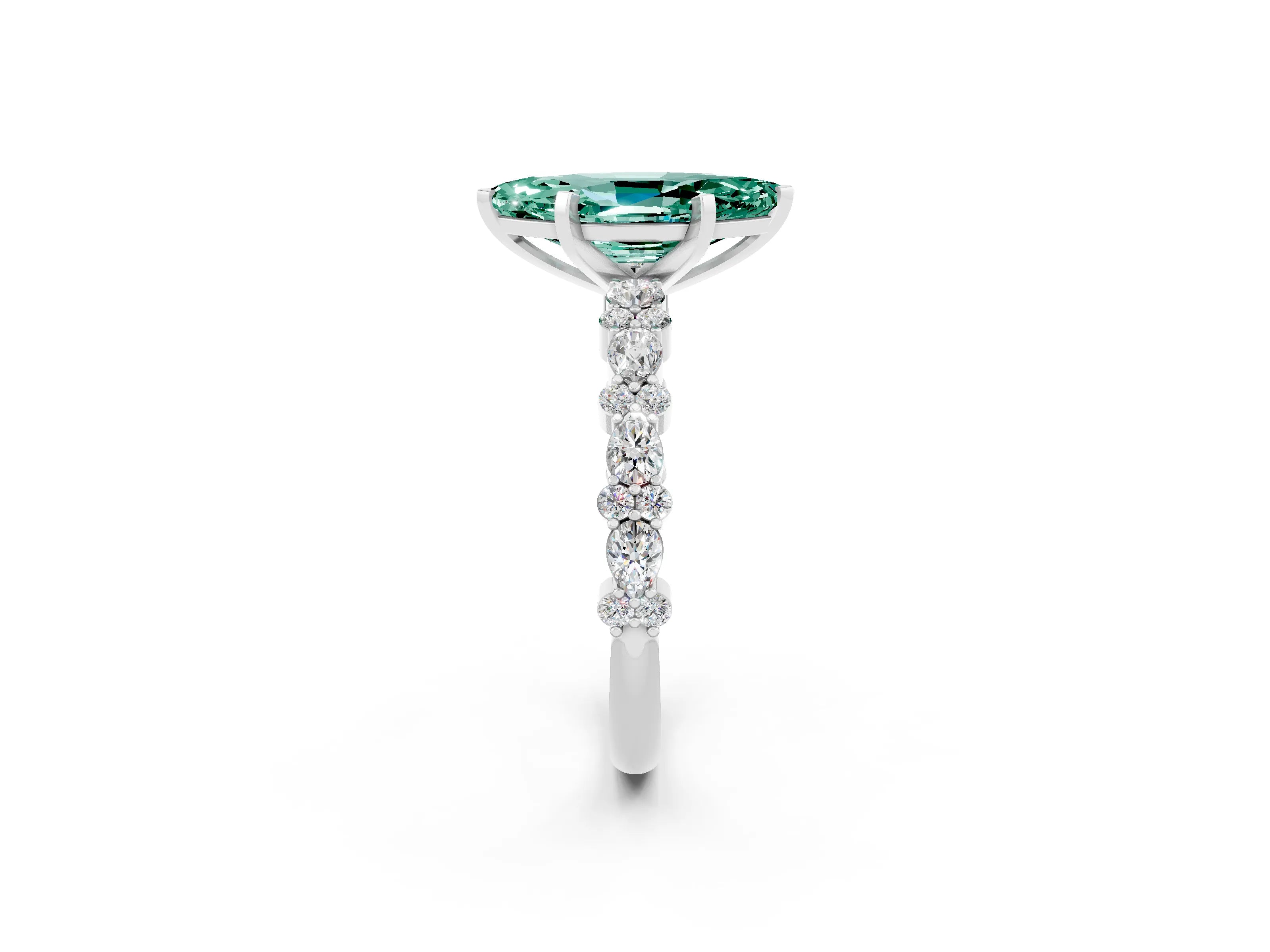 White gold Marquise Cut Green Sapphire Solitaire with Side Stones, Pave Band, Four-Prong Setting_14