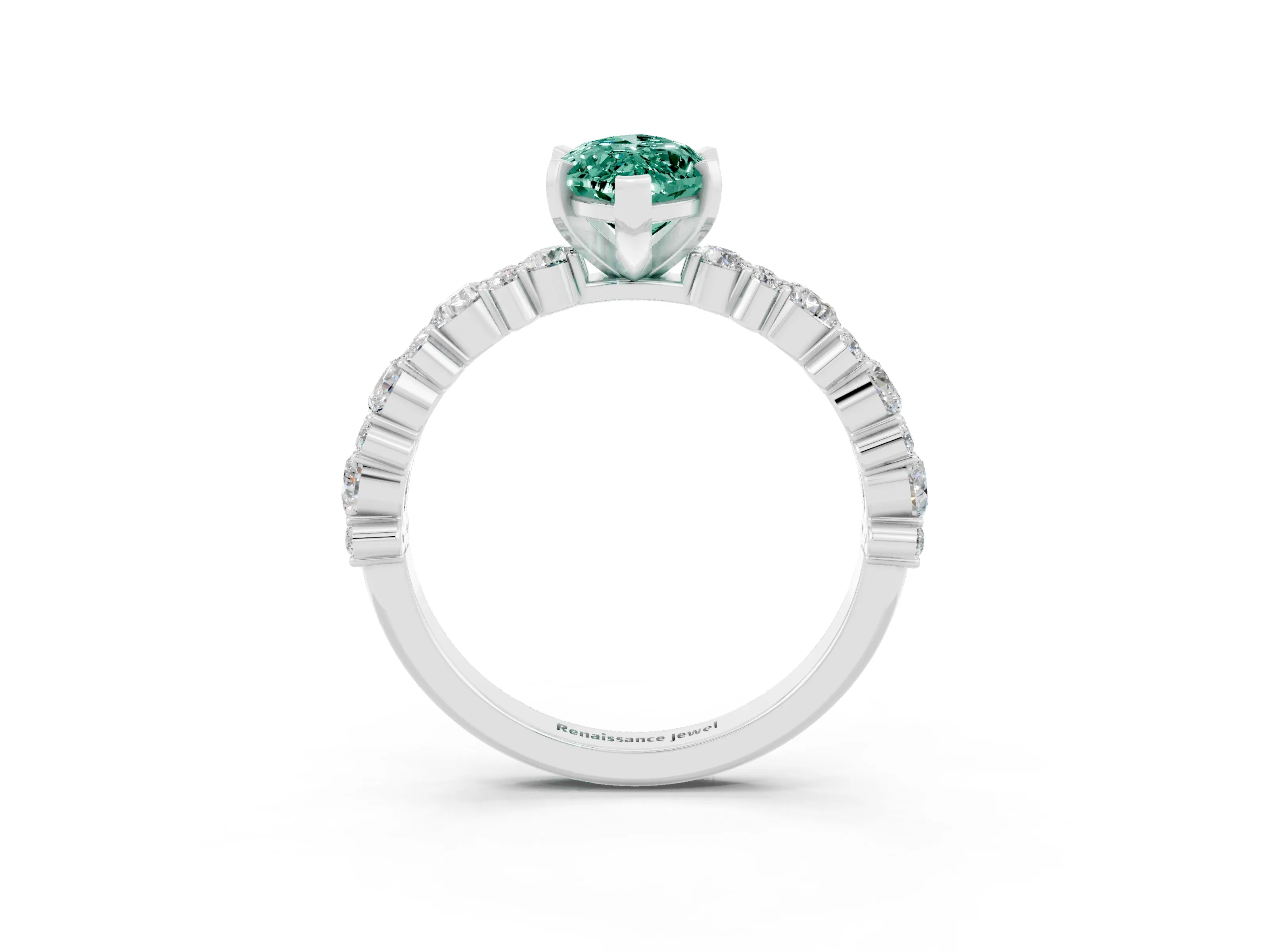 White gold Marquise Cut Green Sapphire Solitaire with Side Stones, Pave Band, Four-Prong Setting_15