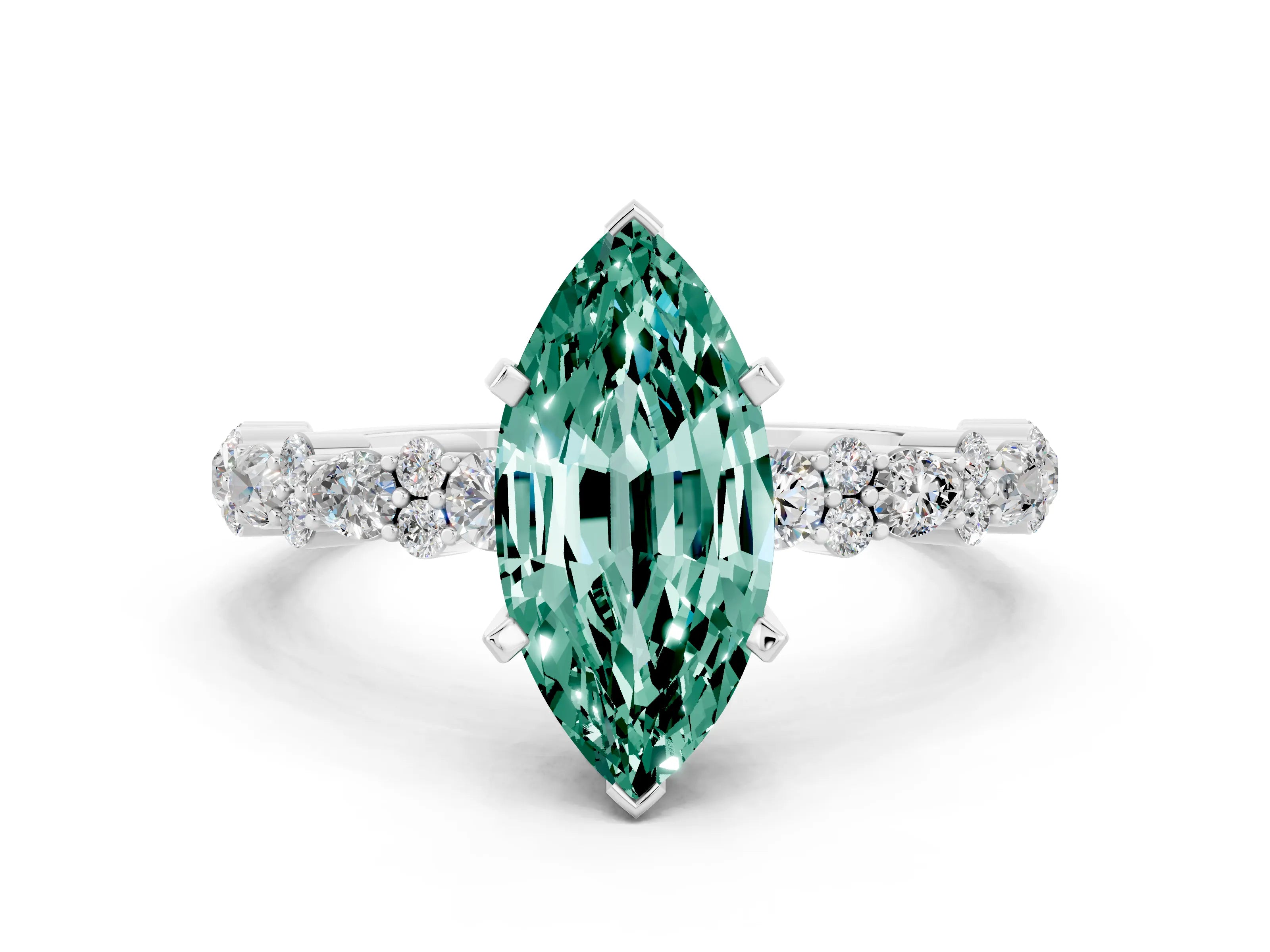 White gold Marquise Cut Green Sapphire Solitaire with Side Stones, Pave Band, Four-Prong Setting_36
