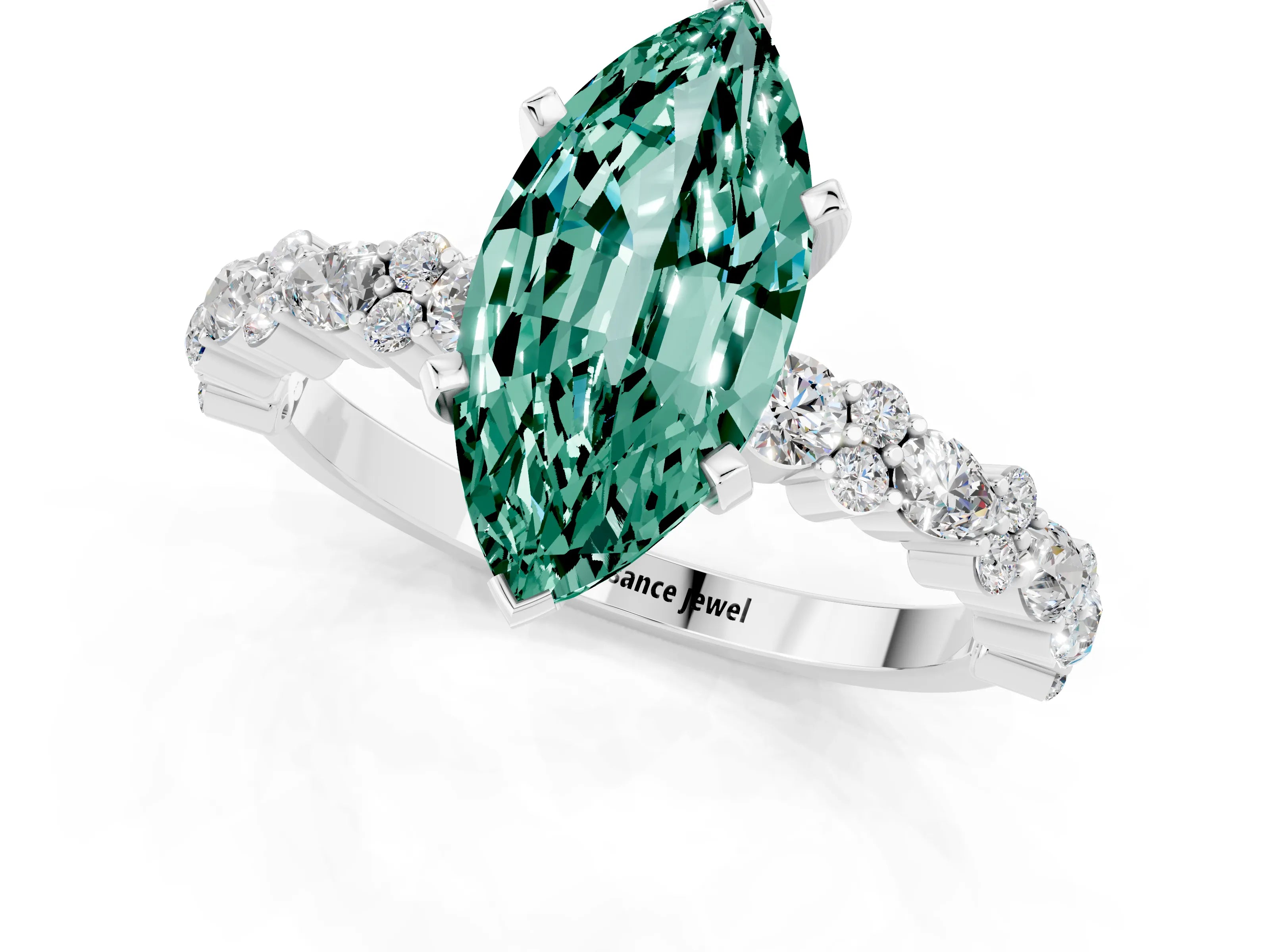 White gold Marquise Cut Green Sapphire Solitaire with Side Stones, Pave Band, Four-Prong Setting_37