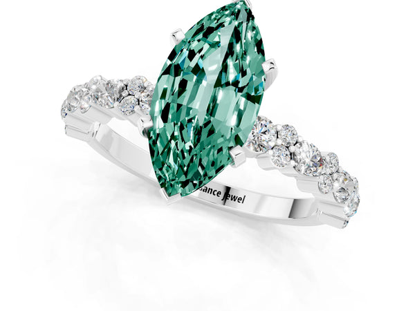 White gold Marquise Cut Green Sapphire Side Stone Solitaire Ring with Round  and Four-Prong Setting