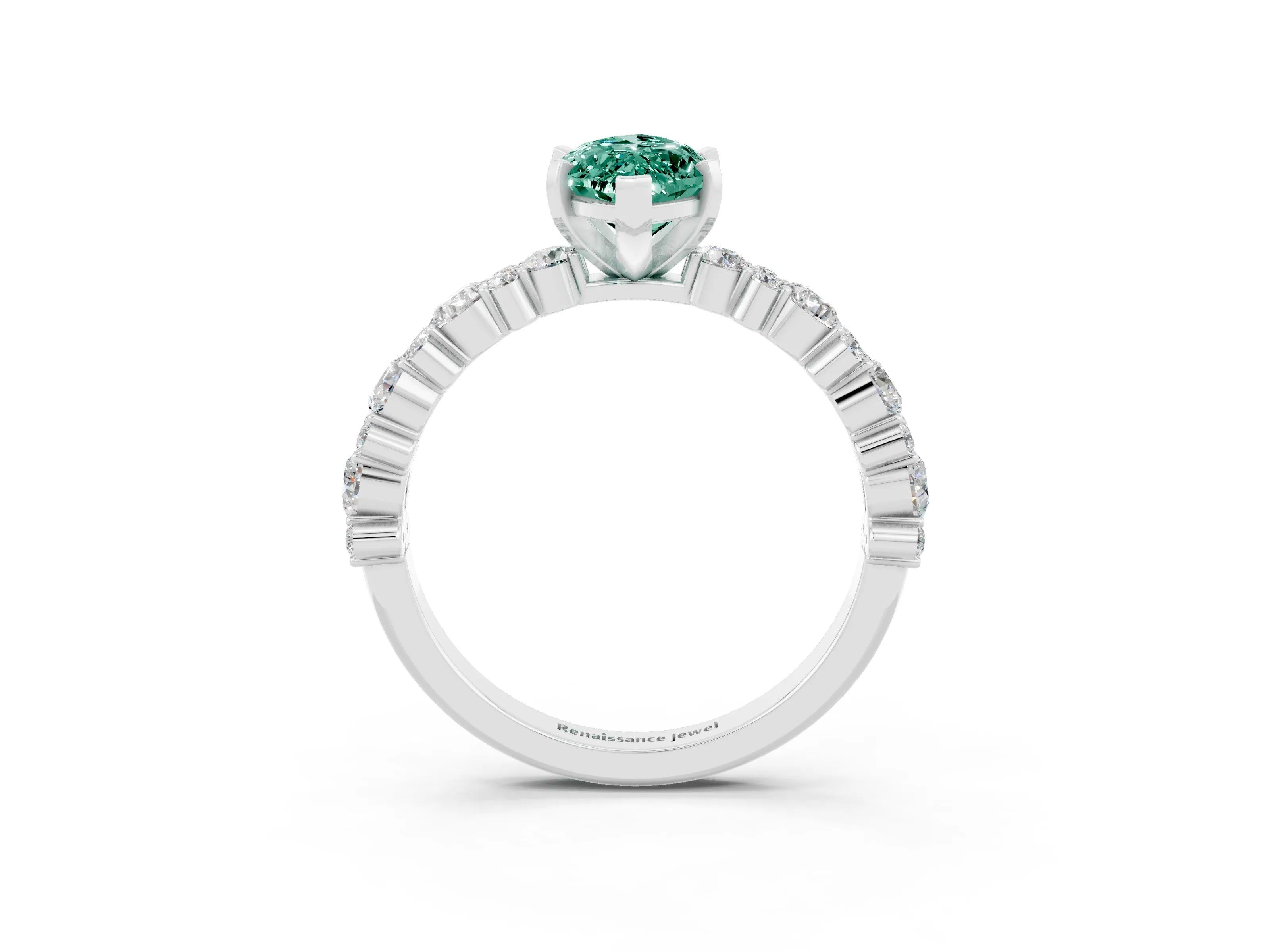 White gold Marquise Cut Green Sapphire Solitaire with Side Stones, Pave Band, Four-Prong Setting_39