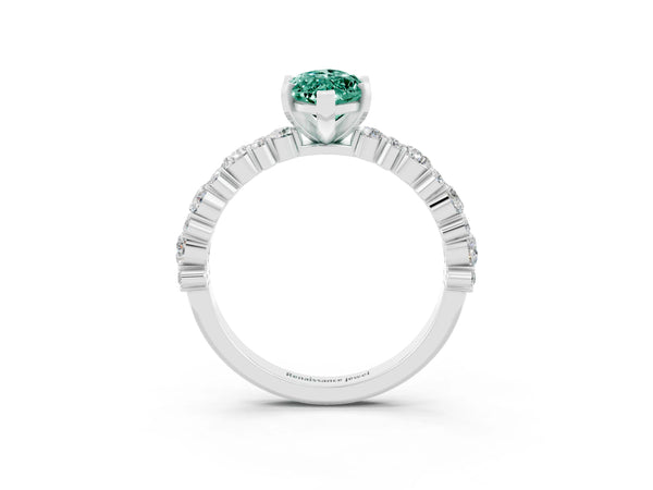 Platinum Marquise Cut Green Sapphire Side Stone Solitaire Ring with Round  and Four-Prong Setting