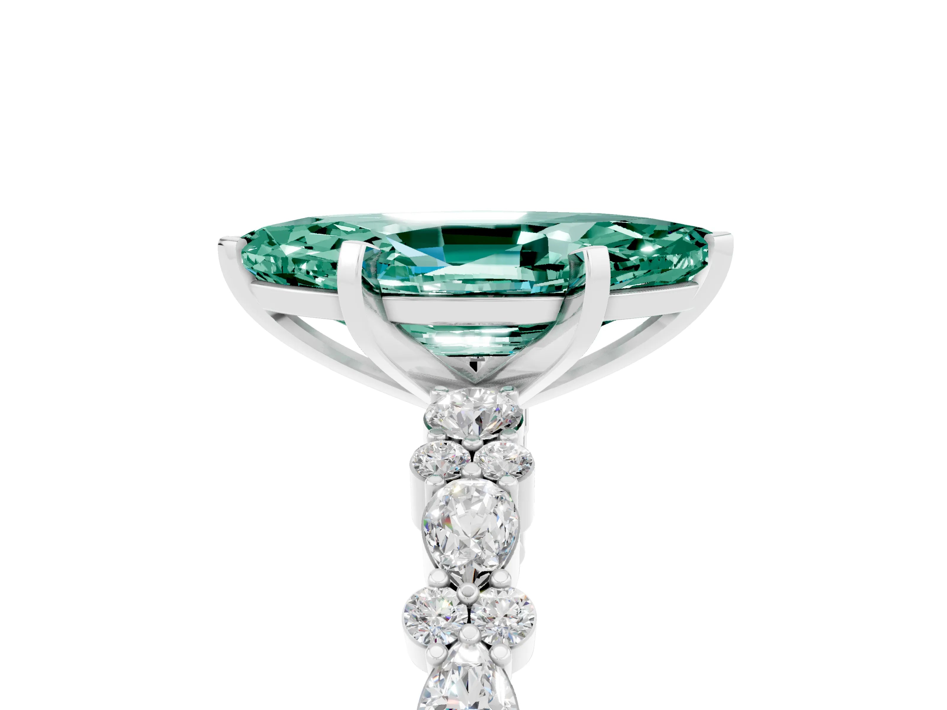 White gold Marquise Cut Green Sapphire Solitaire with Side Stones, Pave Band, Four-Prong Setting_41