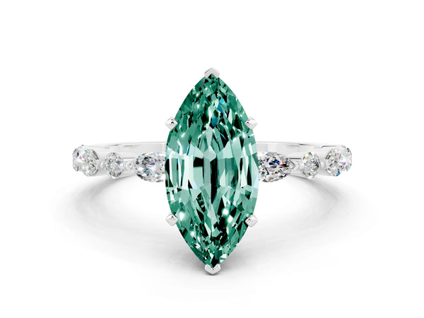 Platinum Marquise Cut Green Sapphire Ring with Marquise and Round  Side Stones and Four-Prong Setting