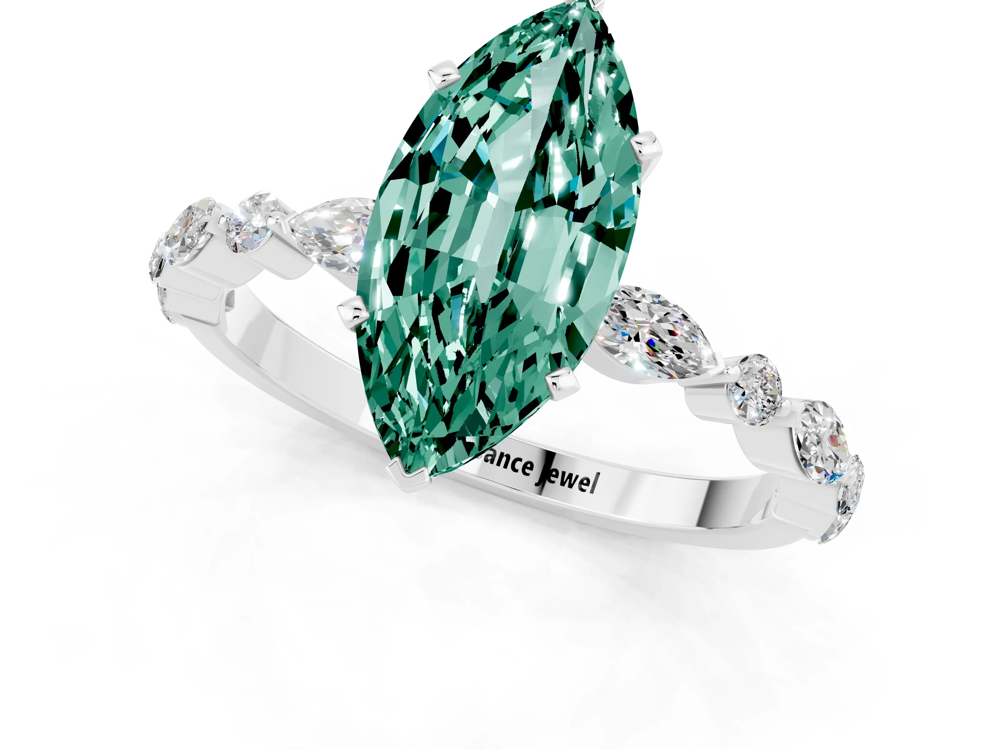 White gold Marquise Cut Green Sapphire Solitaire with Side Stones on a Pavé Band and Four-Prong Setting_1