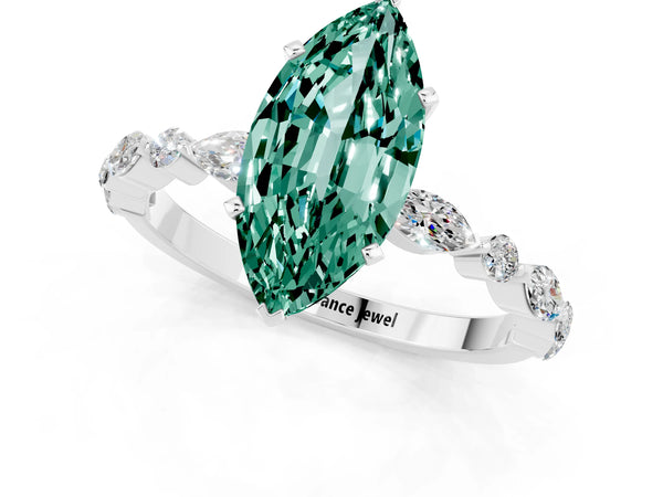 Silver Marquise Cut Green Sapphire Ring with Marquise and Round  Side Stones and Four-Prong Setting