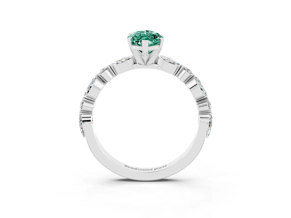 White gold Marquise Cut Green Sapphire Ring with Marquise and Round  Side Stones and Four-Prong Setting