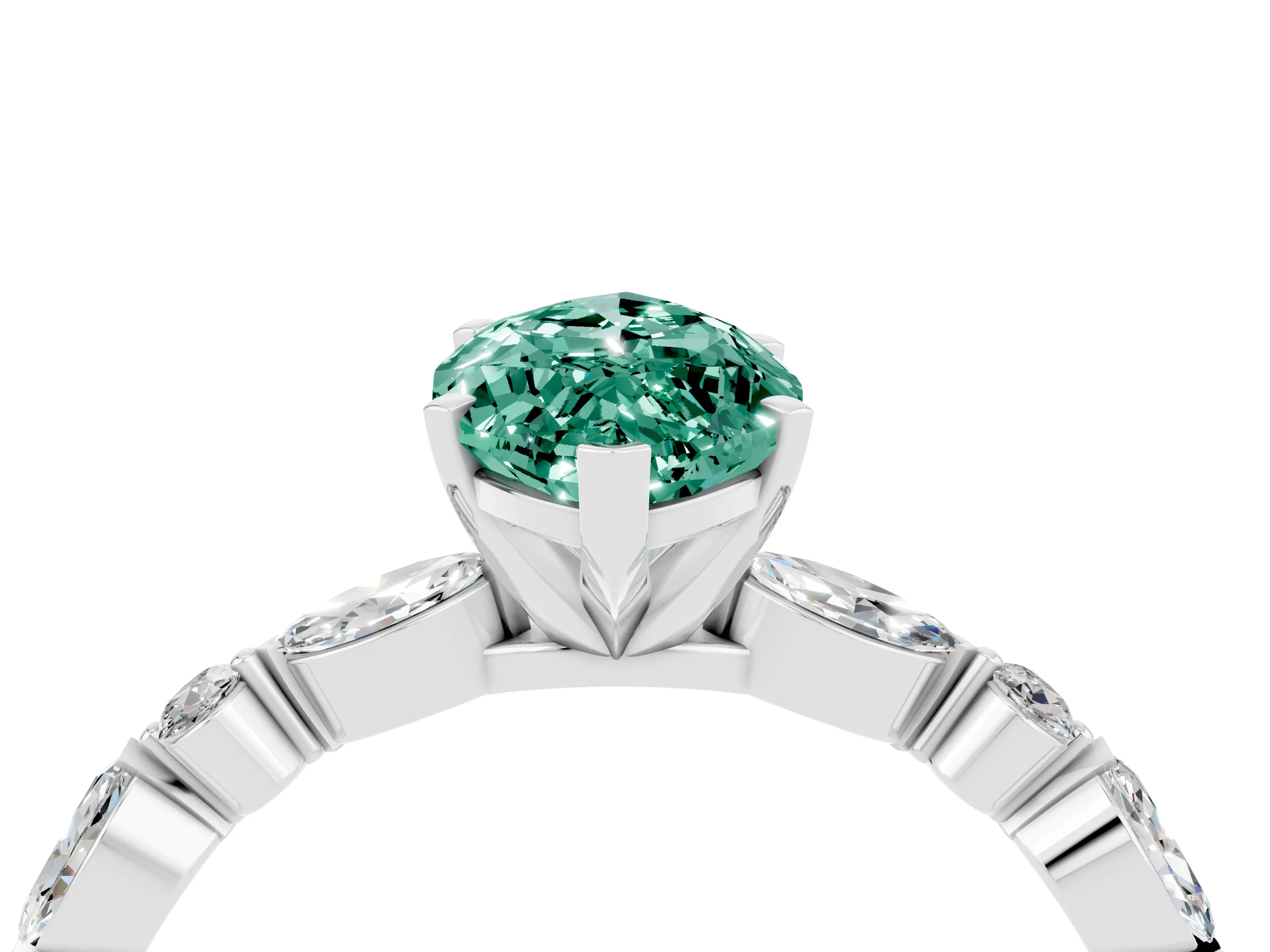 White gold Marquise Cut Green Sapphire Solitaire with Side Stones on a Pavé Band and Four-Prong Setting_4