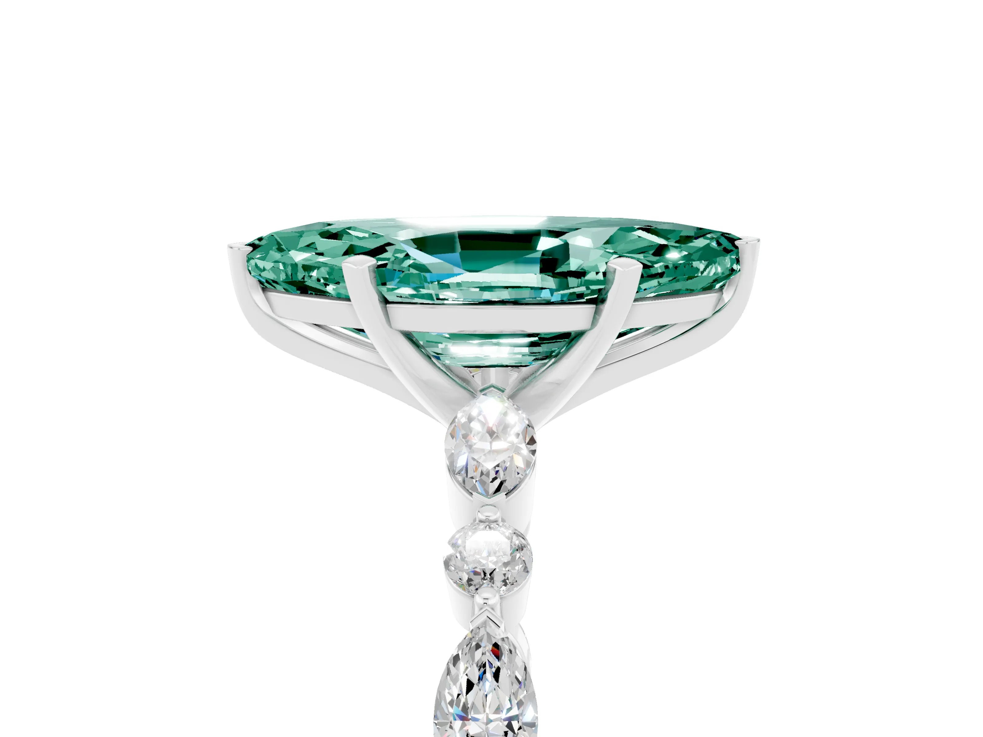 White gold Marquise Cut Green Sapphire Solitaire with Side Stones on a Pavé Band and Four-Prong Setting_5