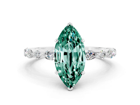 White gold Marquise Cut Green Sapphire Solitaire with Side Stones on a Pavé Band and Four-Prong Setting