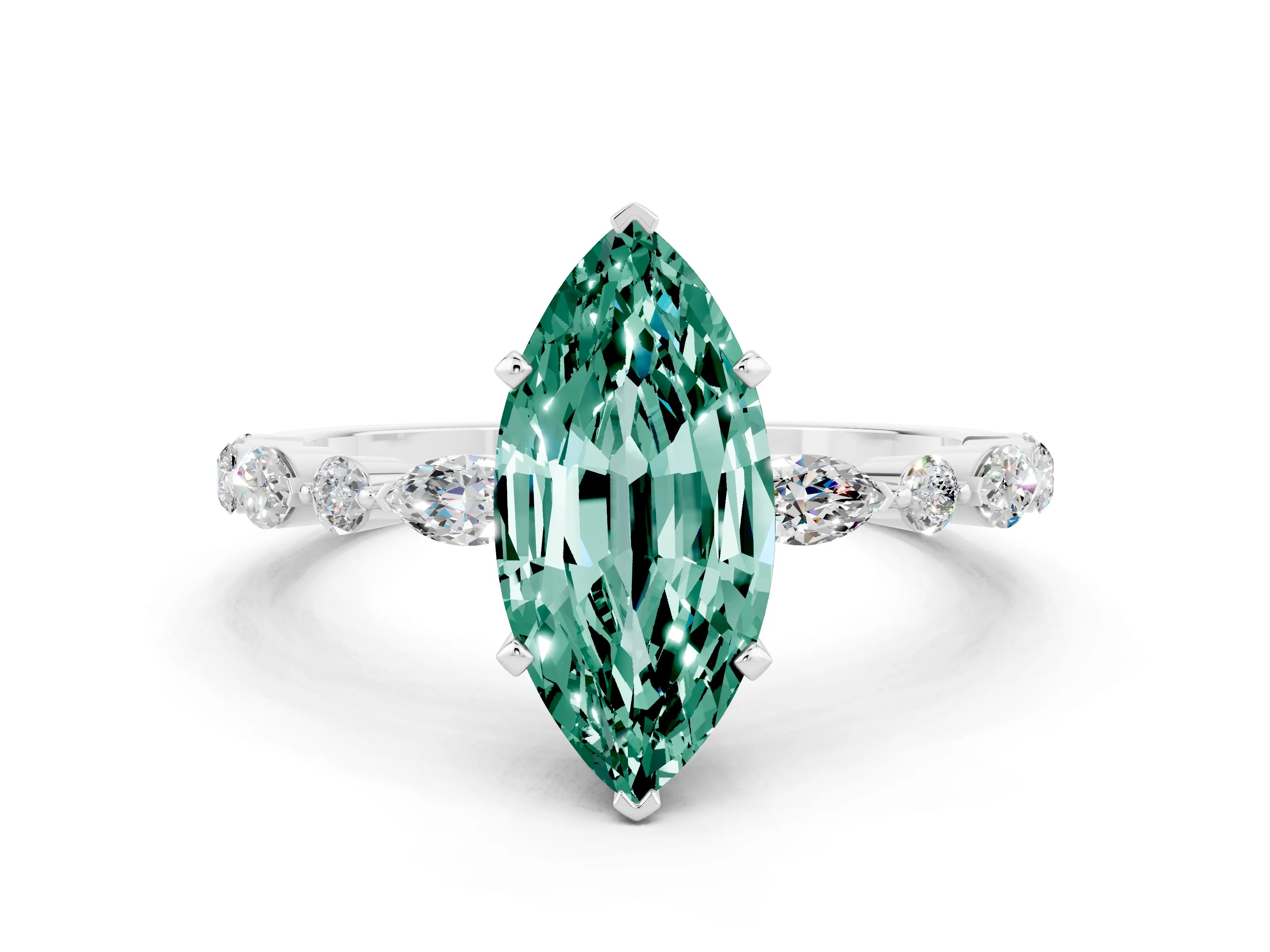 White gold Marquise Cut Green Sapphire Solitaire with Side Stones on a Pavé Band and Four-Prong Setting