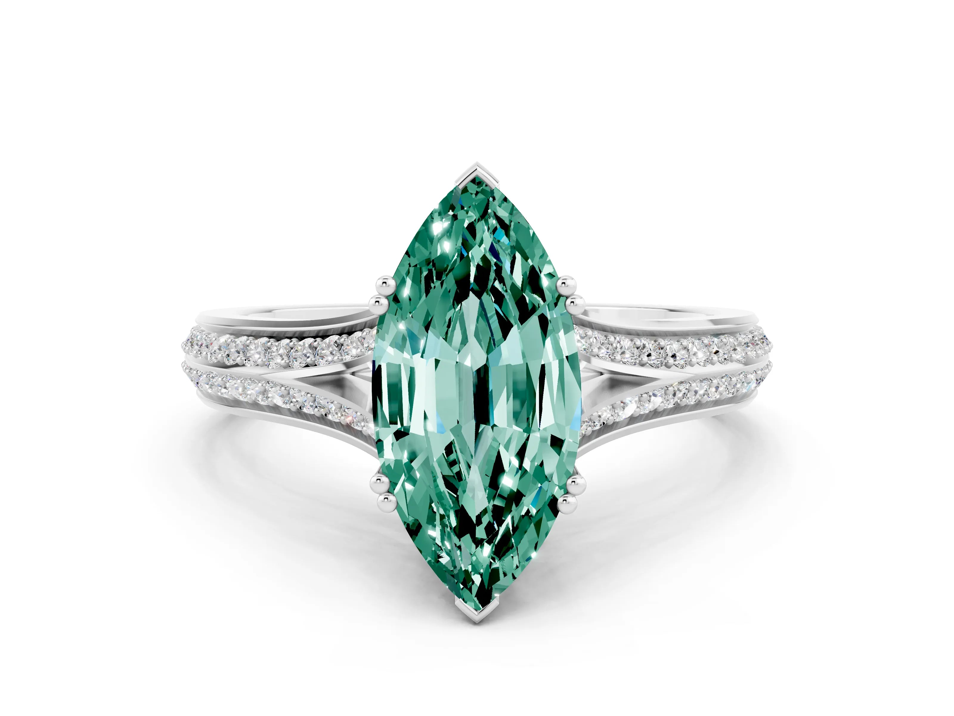 White gold Marquise Cut Green Sapphire Split Shank Engagement Ring with Pavé Band_12