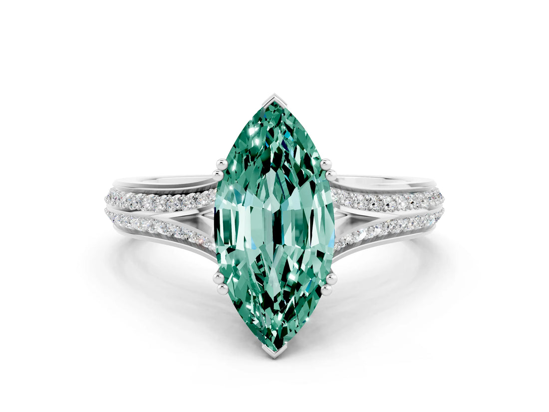 White gold Marquise Cut Green Sapphire Split Shank Engagement Ring with Pavé Band_12