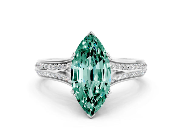 Silver Marquise Cut Green Sapphire Split Shank Engagement Ring with Pavé Band