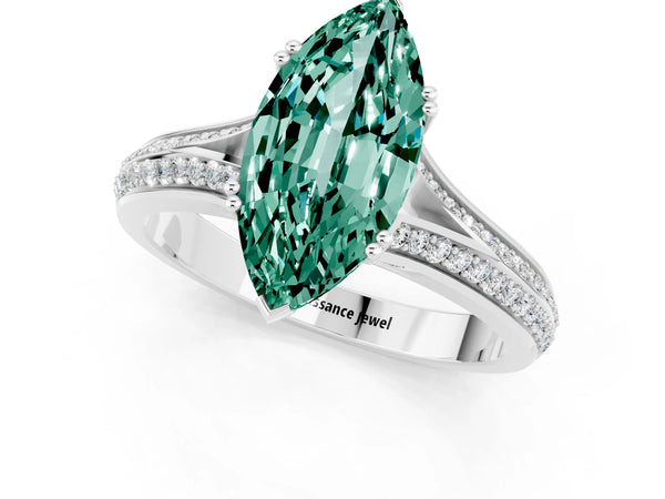 Platinum Marquise Cut Green Sapphire Split Shank Engagement Ring with Pavé Band