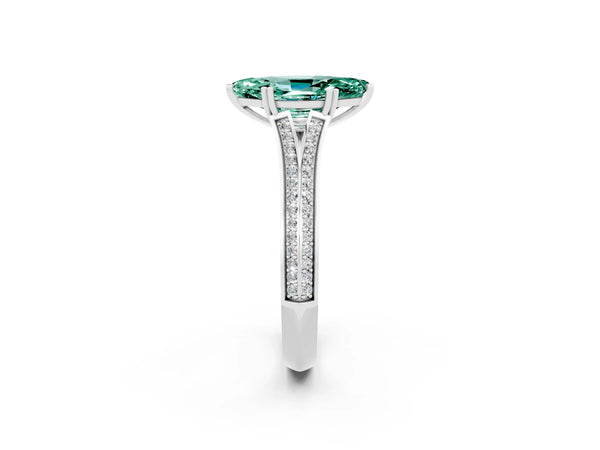 Platinum Marquise Cut Green Sapphire Split Shank Engagement Ring with Pavé Band