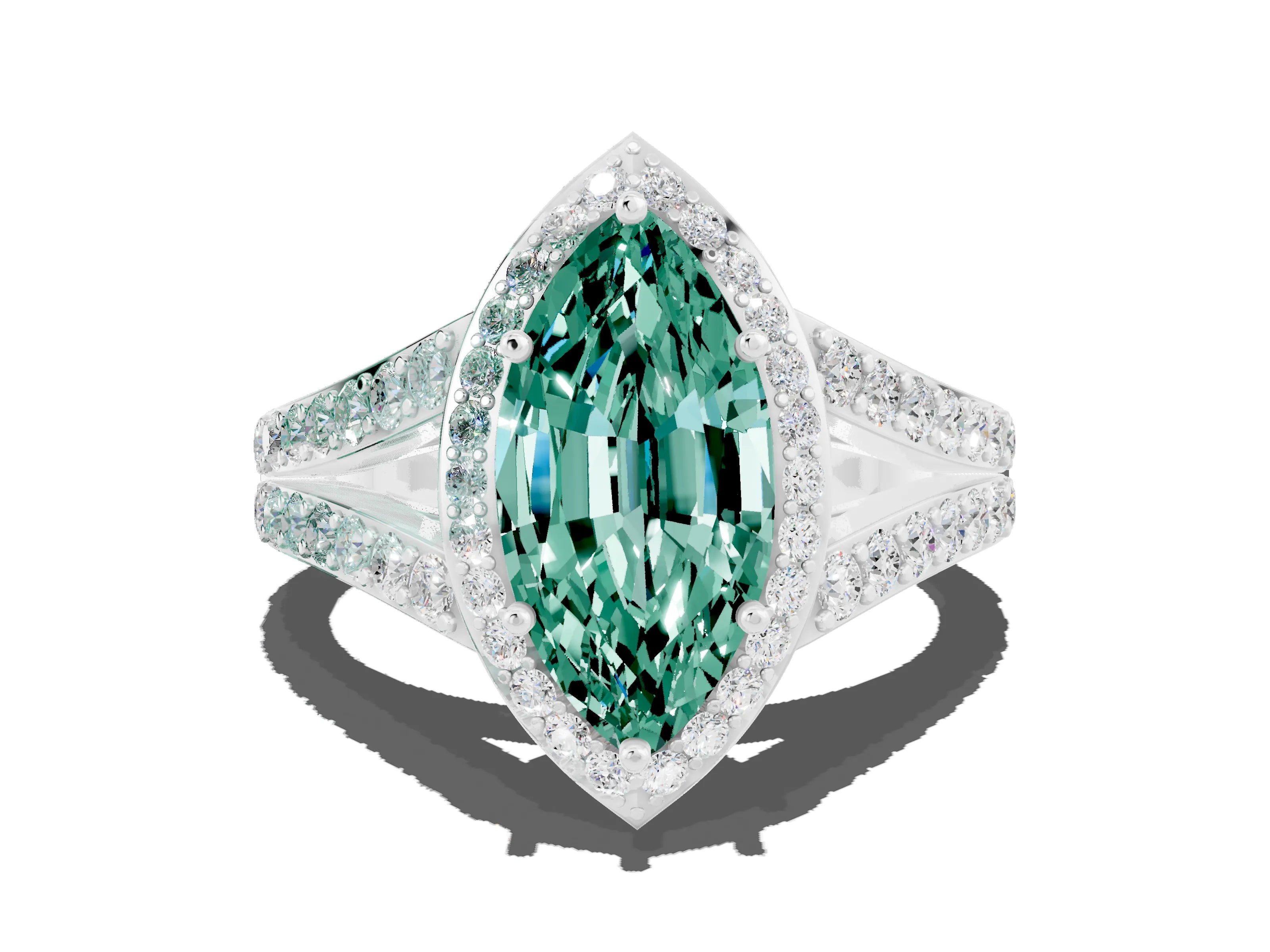 White gold Marquise Cut Green Sapphire Split Shank Halo Ring with Four-Prong Setting_12