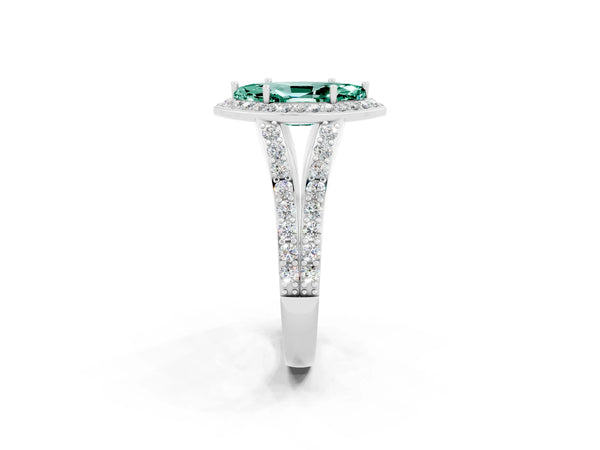 Platinum Marquise Cut Green Sapphire Split Shank Halo Ring with Four-Prong Setting