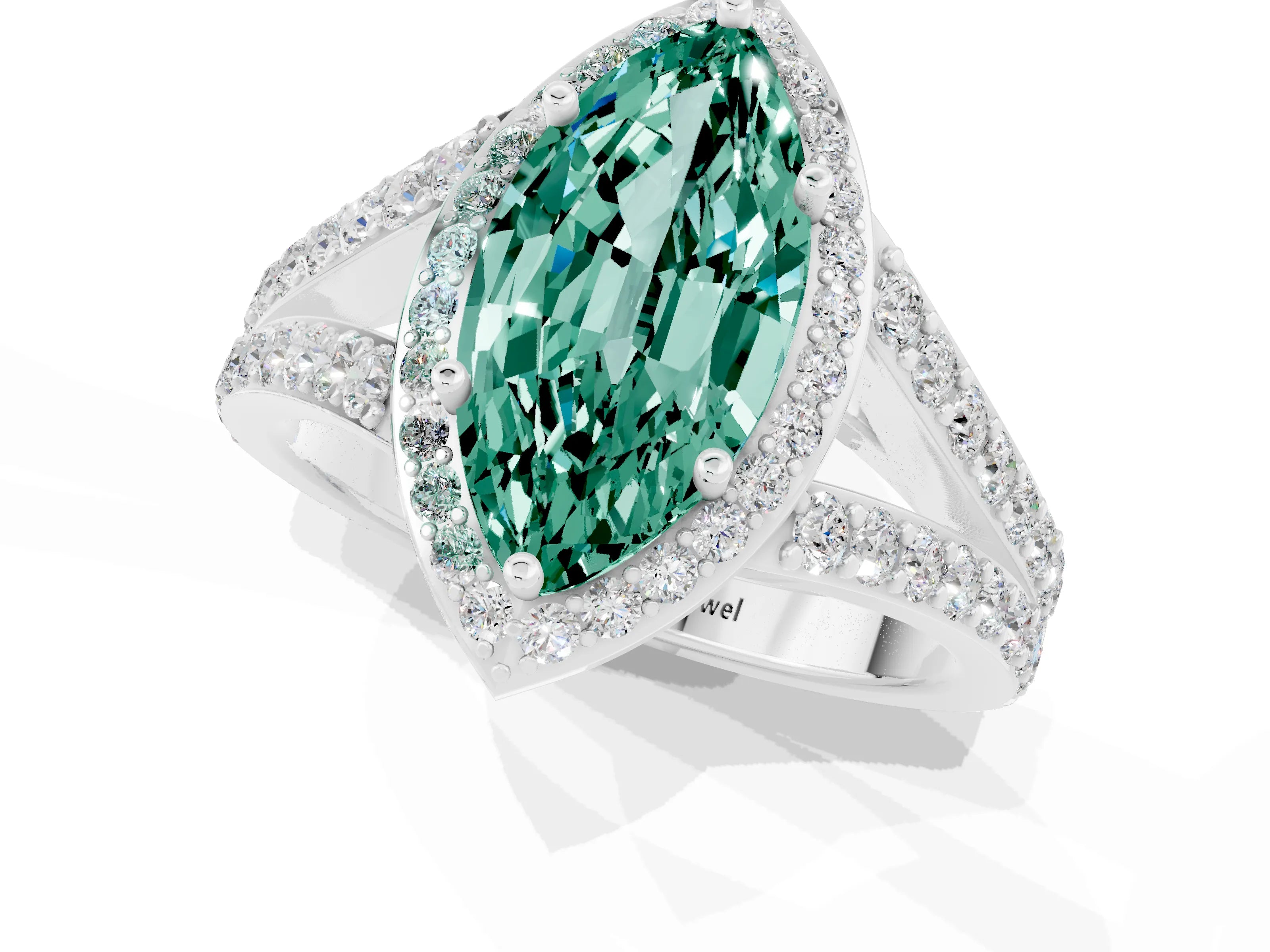 White gold Marquise Cut Green Sapphire Split Shank Halo Ring with Four-Prong Setting_25