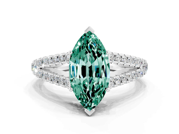 Platinum Marquise Cut Green Sapphire Split Shank Pavé Engagement Ring with Four-Prong Setting