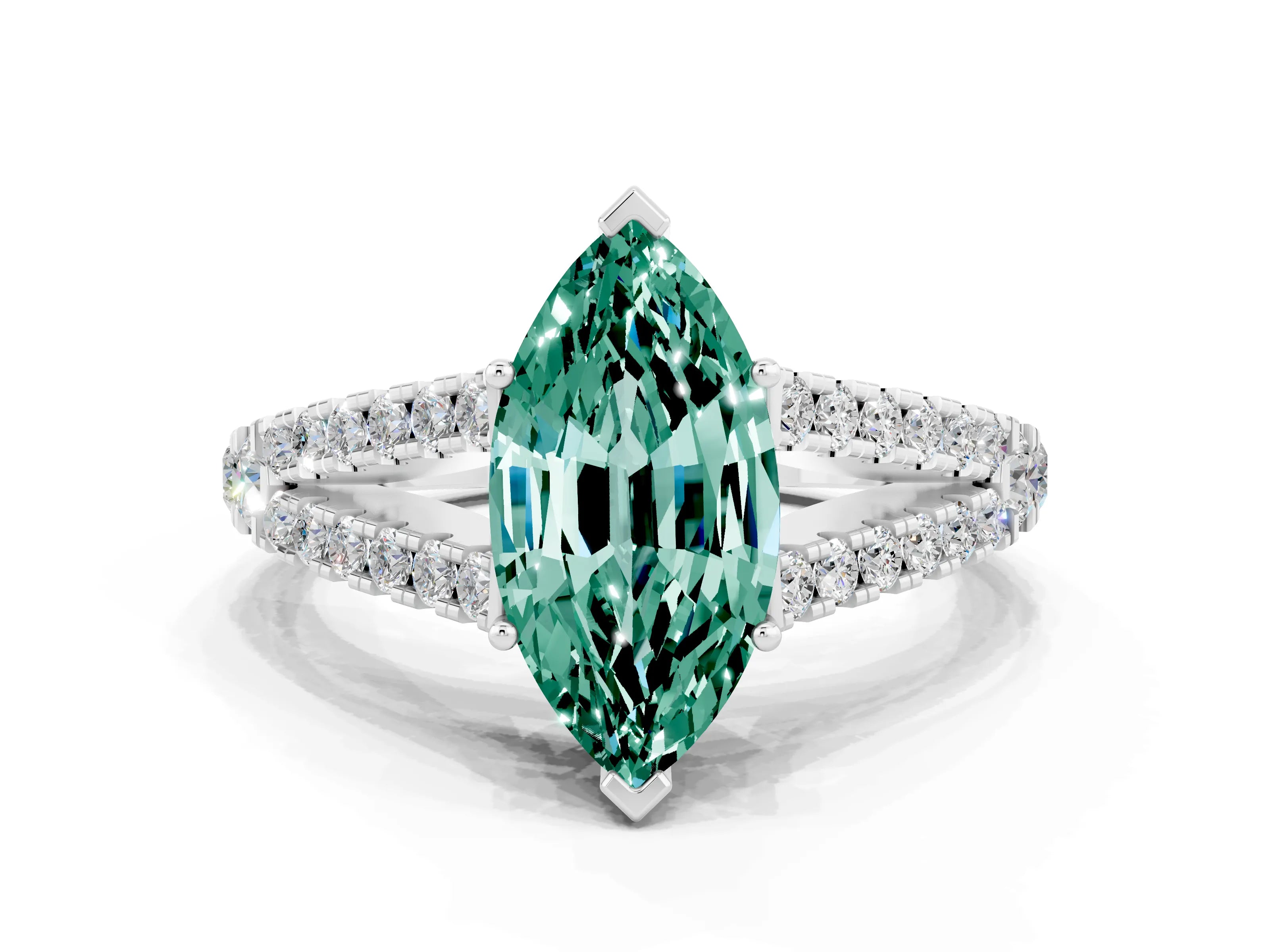 White gold Marquise Cut Green Sapphire Split Shank Pavé Engagement Ring with Four-Prong Setting_12