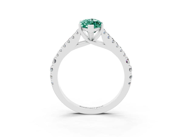 Platinum Marquise Cut Green Sapphire Split Shank Pavé Engagement Ring with Four-Prong Setting