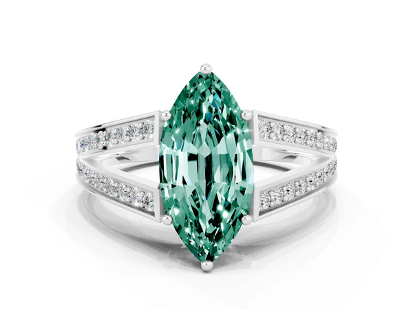 Silver Marquise Cut Green Sapphire Split Shank Ring with Pavé Band and Four-Prong Setting