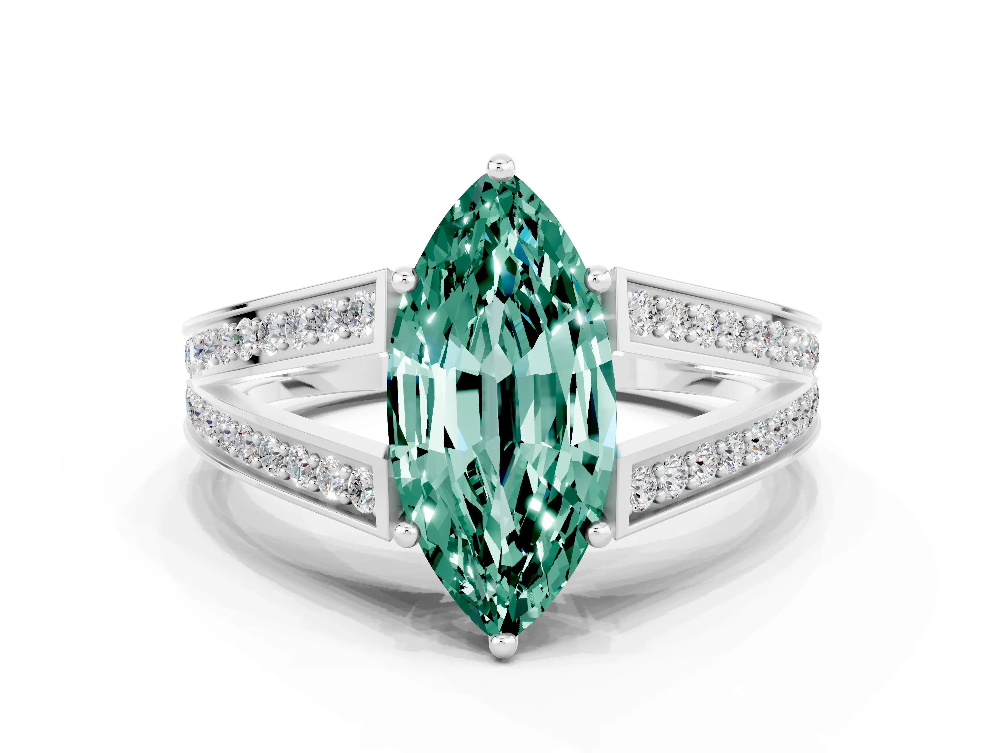 White gold Marquise Cut Green Sapphire Split Shank Ring with Pavé Band and Four-Prong Setting