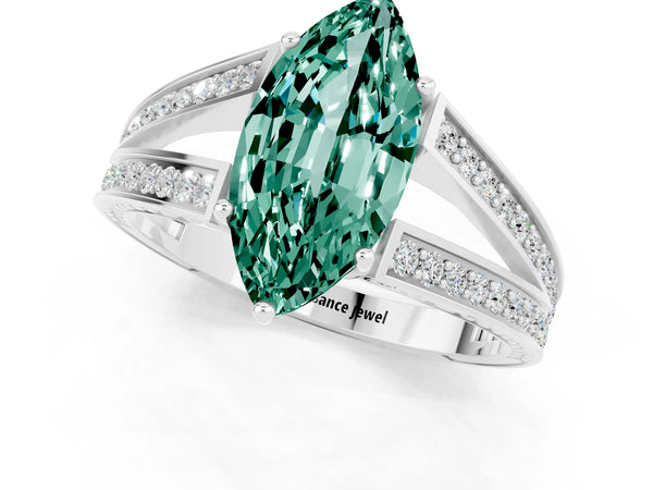 White gold Marquise Cut Green Sapphire Split Shank Ring with Pavé Band and Four-Prong Setting