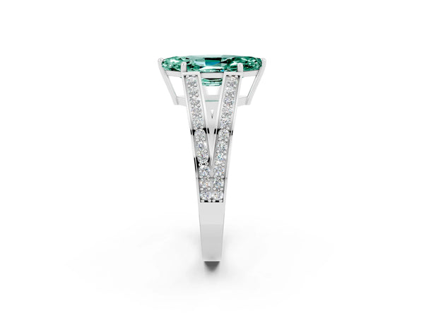 Platinum Marquise Cut Green Sapphire Split Shank Ring with Pavé Band and Four-Prong Setting