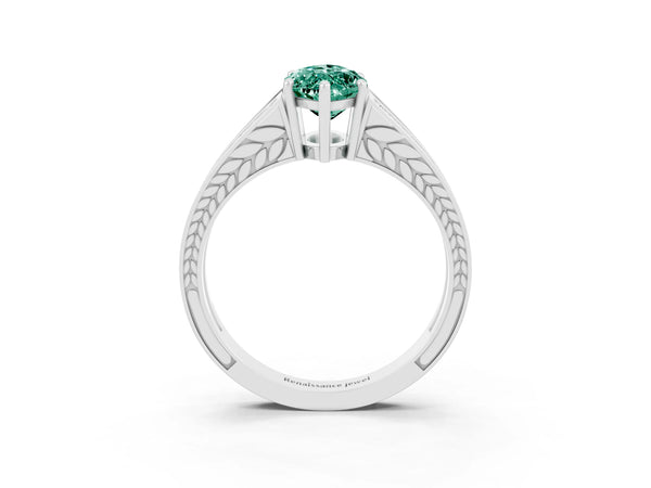 Platinum Marquise Cut Green Sapphire Split Shank Ring with Pavé Band and Four-Prong Setting
